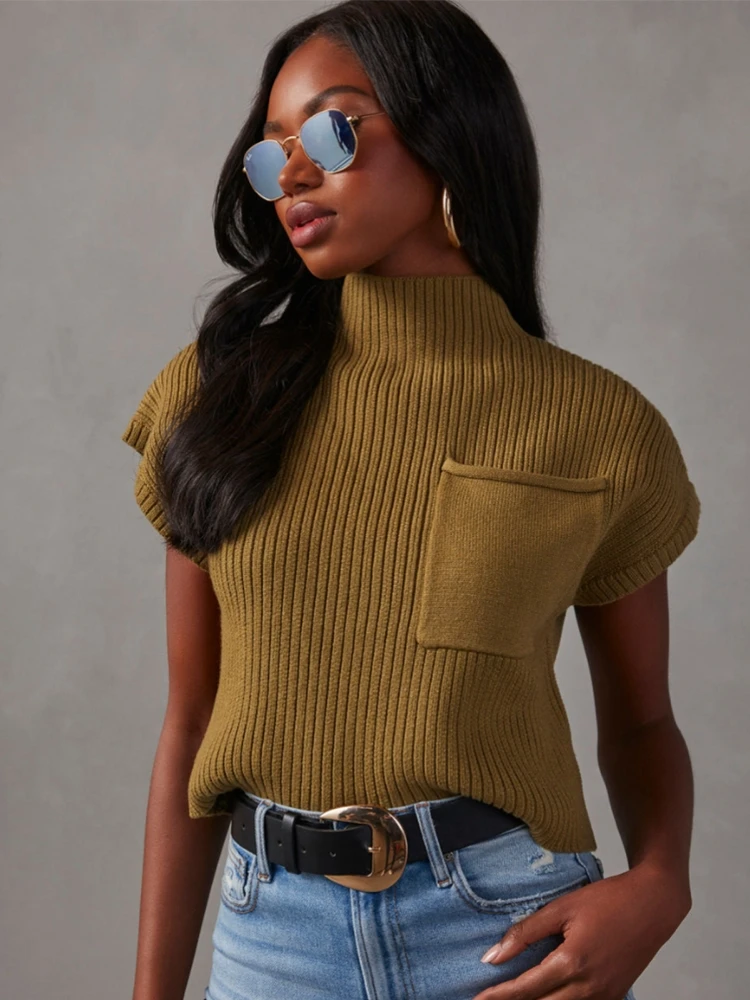 

Осень-зима 2025 г., женский свитер с воротником-стойкой и оборками, вязаный однотонный пуловер с короткими рукавами, женский повседневный зимний свитер