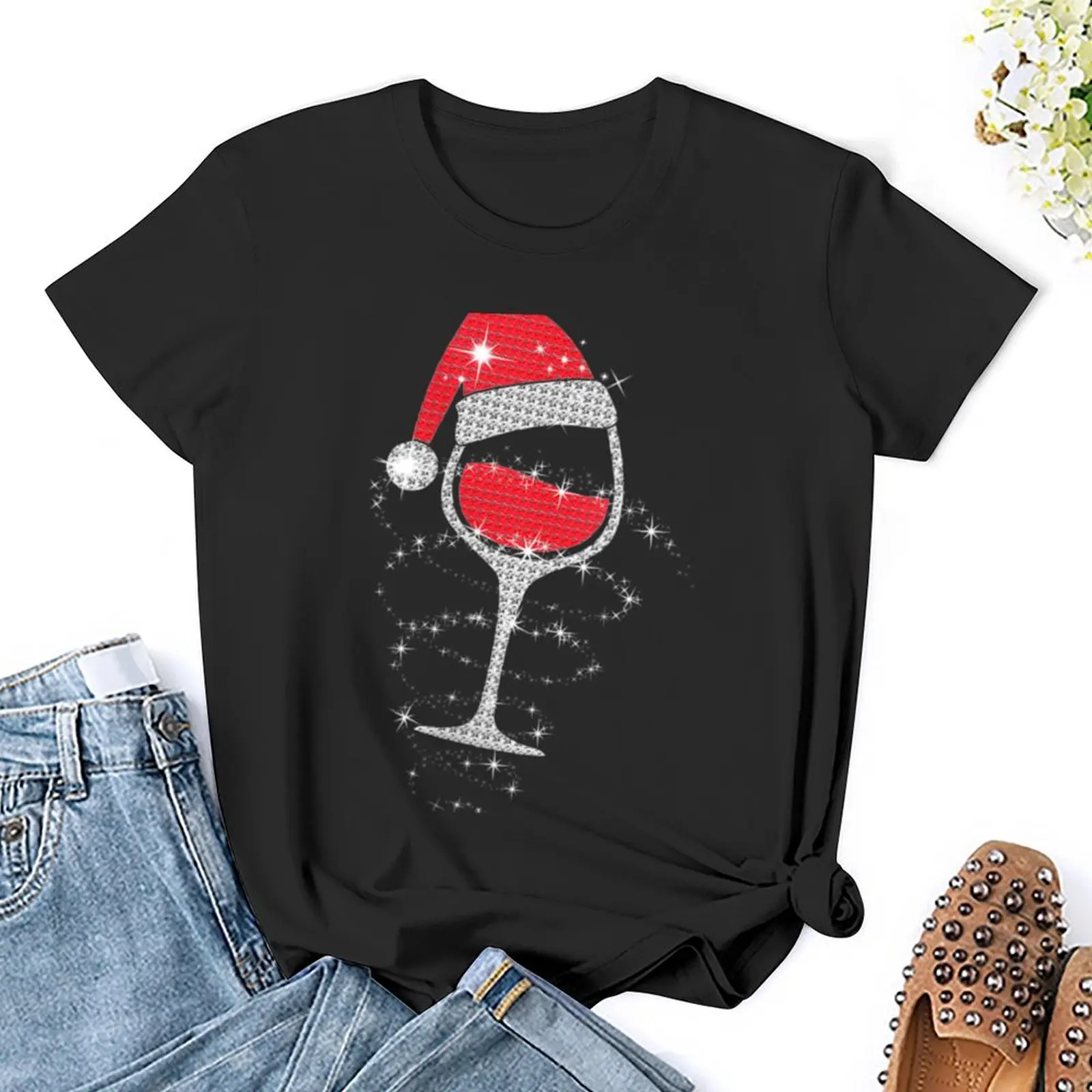 Gafas de vino para mujer, sombrero de Papá Noel, divertido regalo de amante del vino, camiseta de Navidad, ropa de anime, tops de verano, camisas de entrenamiento para mujer