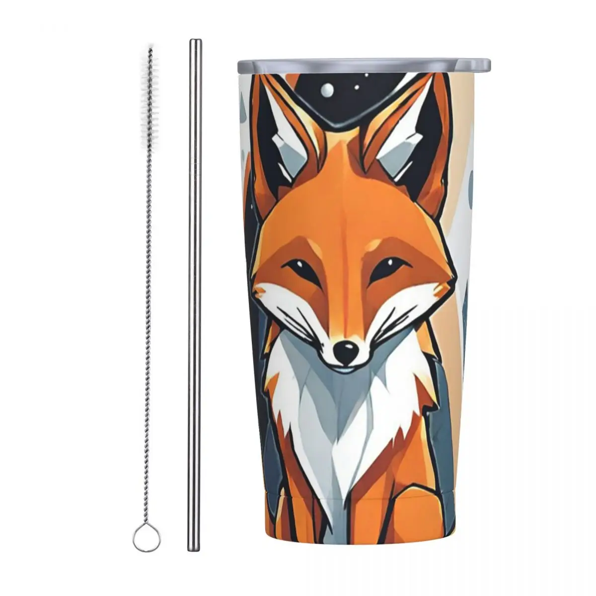 Smiling Geometric Fox Stainless Steel Tumbler Vacuum Insulated Mug Thermal Cold Cups Straws With Lid 20oz