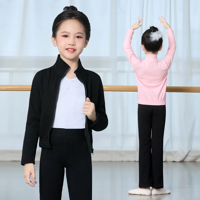 Dziewczęce topy baletowe z długim rękawem Różowa aksamitna wewnętrzna kurtka do tańca Termiczny zamek błyskawiczny Dziecięca odzież do tańca Zimowy płaszcz baletowy z golfem