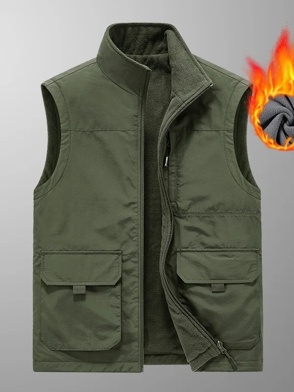 

Men's Autumn Winter Double-Sided Wear Fce Lined Stand Collar Workwear Outdoor Vest with Multiple kets Fiing Jaet