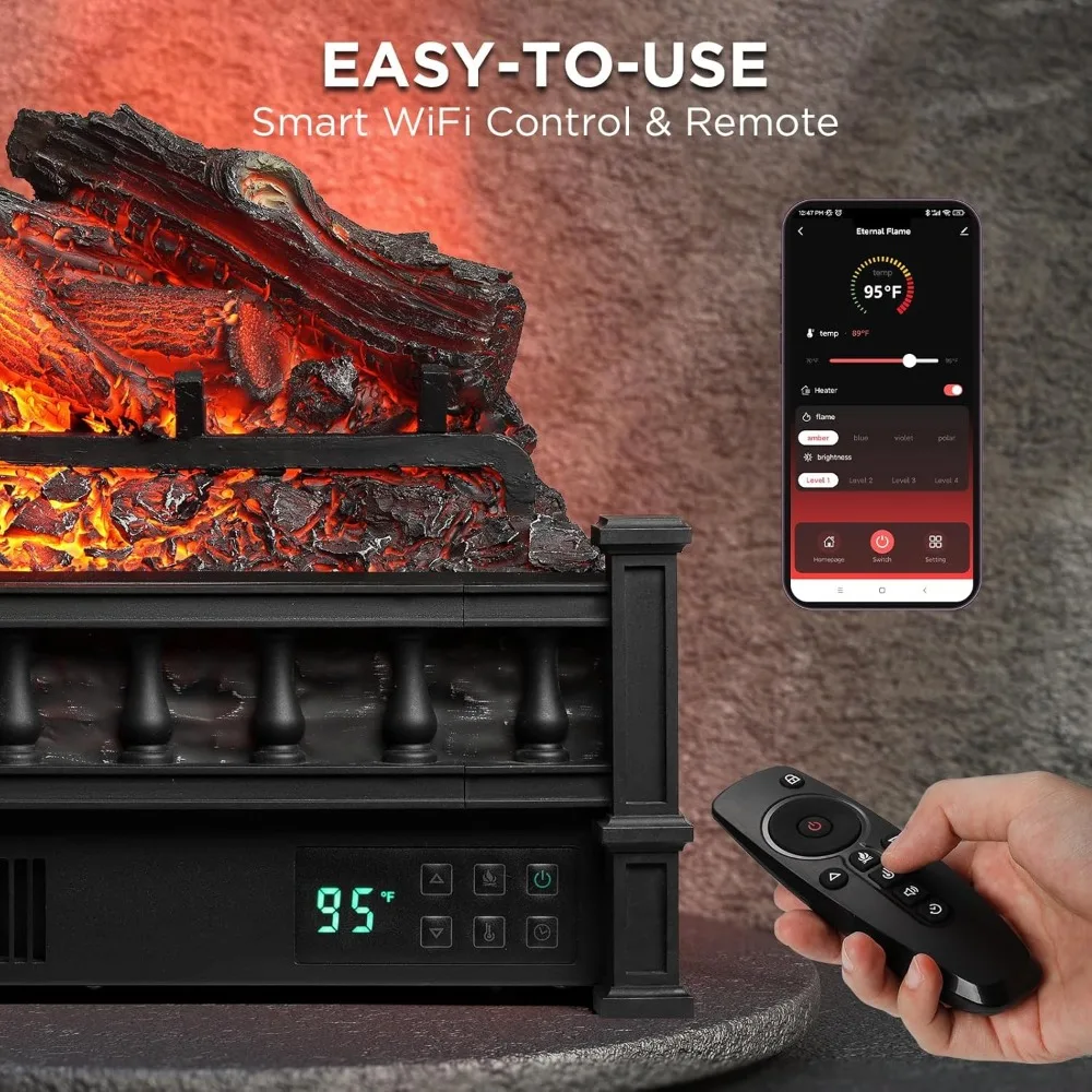 مدفأة كهربائية من الكوارتز بالأشعة تحت الحمراء مقاس 26 بوصة تعمل بالواي فاي مع صوت متصدع وسخان خشب الليمون الواقعي