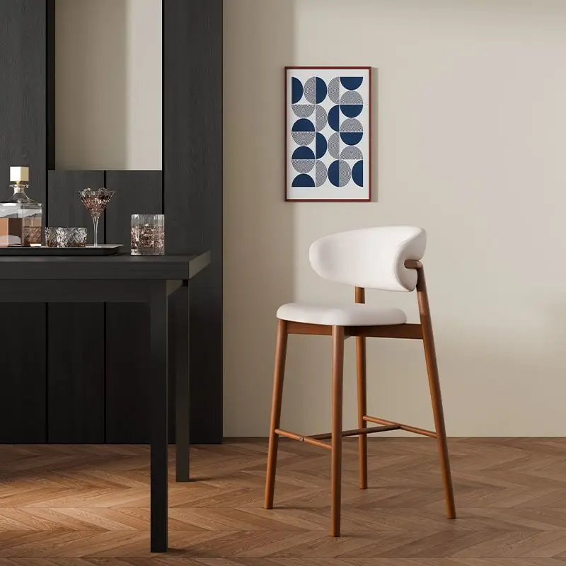 Solid Wood Bar Stool Household High Chair Kitchen Island Soft Cushion Back Dining Table Chair Cafe Restaurant High Stool