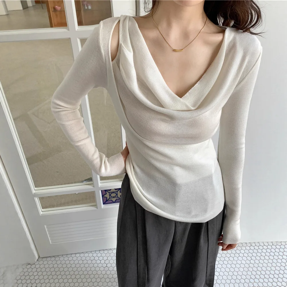 8141 Strickoberteil mit U-Ausschnitt, Herbst und Winter, kühles Gefühl, 14 Gauge Wollmischung, schulterfrei, aushöhlen, geraffte Taille