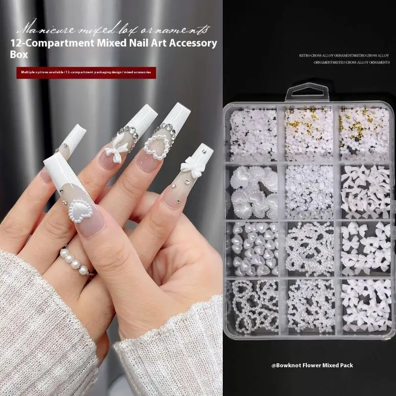 12 rejillas de resina con lazo, flores, diamantes 3D para uñas, Kit de gemas para uñas de fondo plano, dijes para decoración de uñas, accesorios de manicura DIY, gemas para uñas