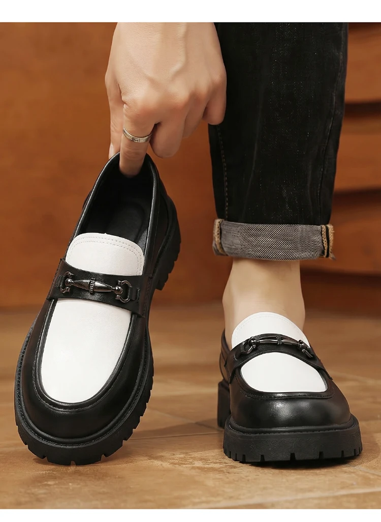 Herren-Loafer mit dicker Sohle, Metallschnalle, Slip-On-Lederschuhe, rutschfeste Plateau-Freizeitschuhe für Büro, Alltag und Party – Detail 8