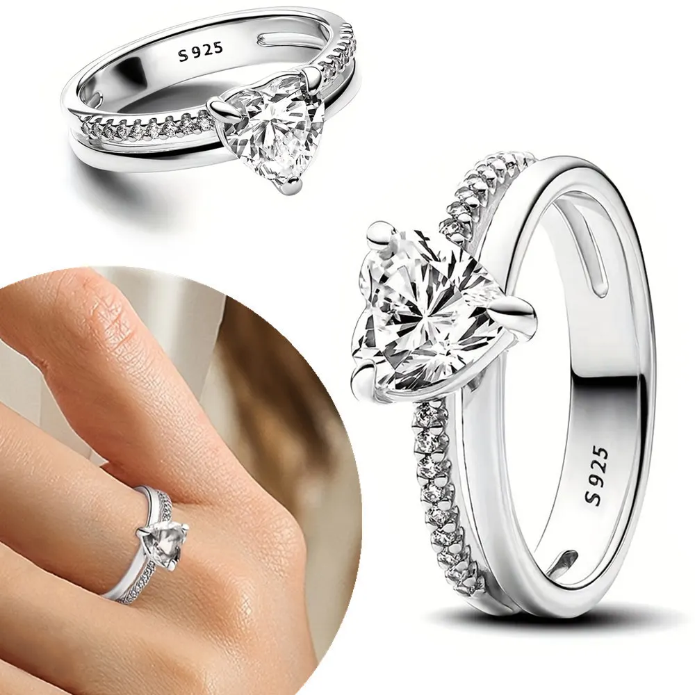 925 Sterling Silver Ring Double Band Heart Ring For Women CZ Cubic Zircon Star Moon Flower Wedding Jewelry Rings Gifts