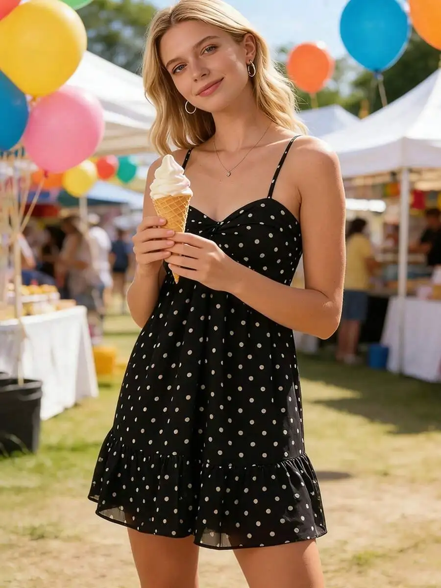 

Women Spaghetti Strap Polka Dot Loose Summer Mini Dress Casual Backless Slip Dress