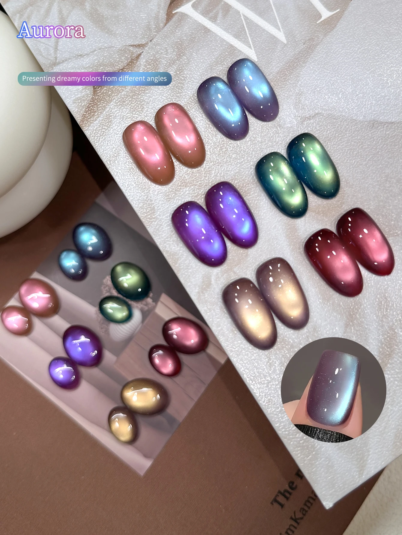 Zestaw 6 szt. lakierów hybrydowych Aurora Cat Eye 15ml, brokatowe lakiery do paznokci, zestaw do manicure, lakier UV Soak Off do zdobienia paznokci.