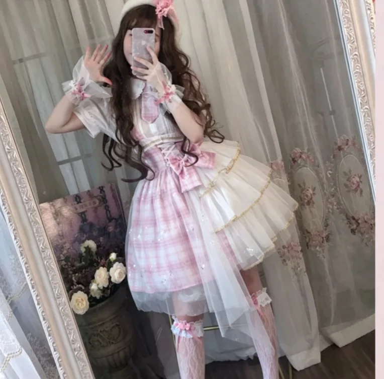 Summer Lolita Sweet Princess Pink Plaid High Waist JK Uniform Strap Skirt Fashion Age Reduction Ruffles Irregular Cake Dresses