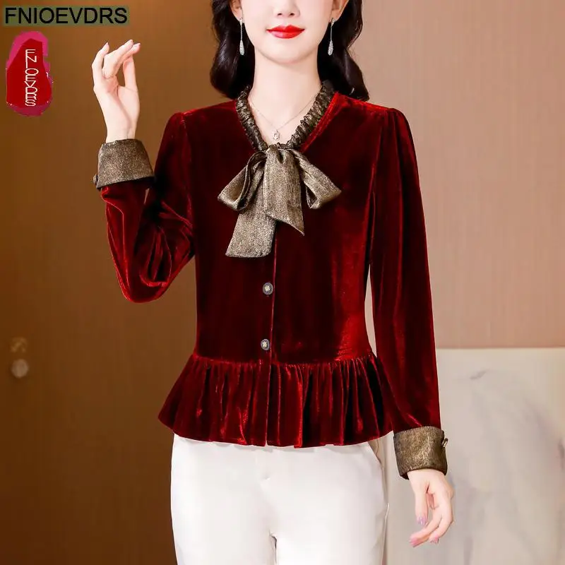 Loose Clothes Women 2024 Autumn Winter Elegant Office Lady Button Shirts Casual Retro Vintage Ruffles Bow Peplum Tops Blouses