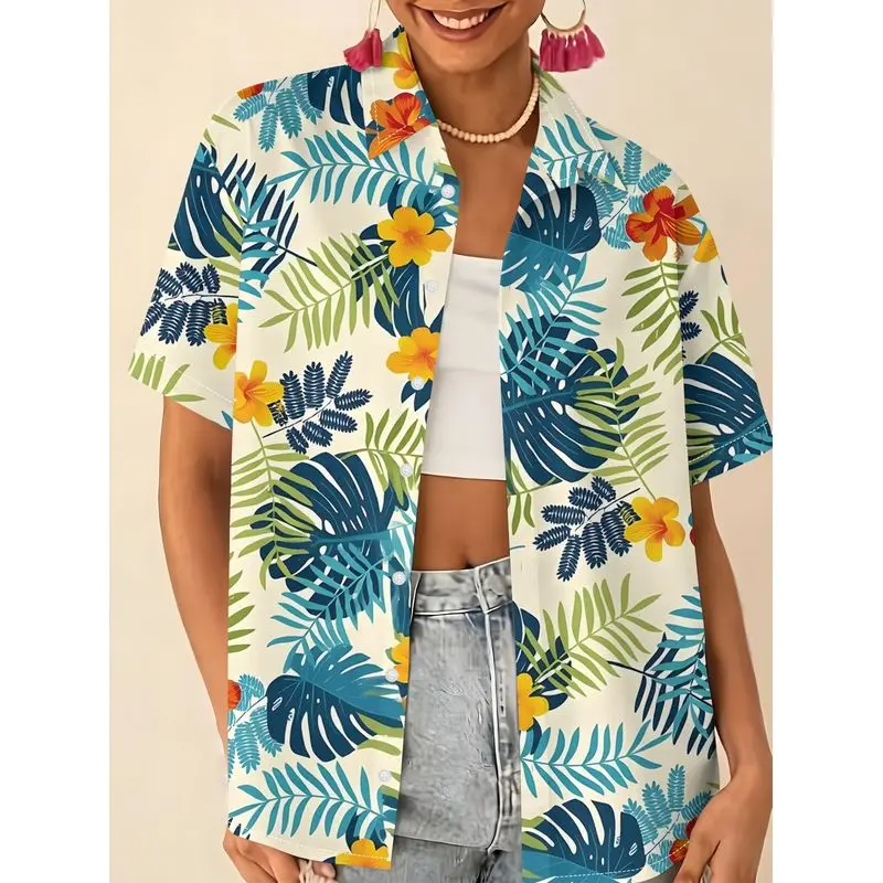 Women Lapel Short Sleeve Shirt Summer Tropical Plant Print Casual Regular Fit Tshirt Loose All Match Top for Home Vacation