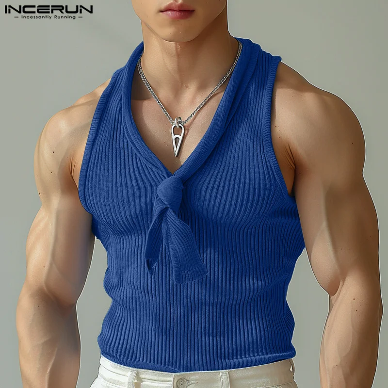 INCERUN Men Tank Tops Solid Color Lace Up Knitted V Neck Sleeveless Vests Summer Fitness 2024 Streetwear Fashion Men Clothing