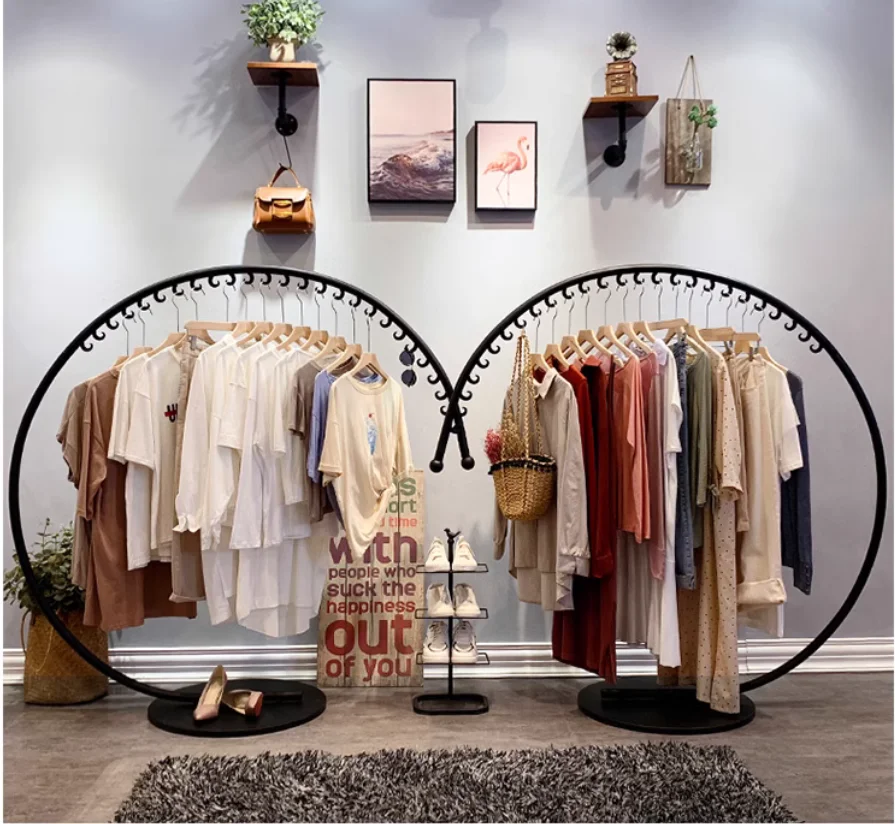 

Women's clothing store shelf display rack, hanging clothes rack, island rack, floor standing clothing store hanger display rack