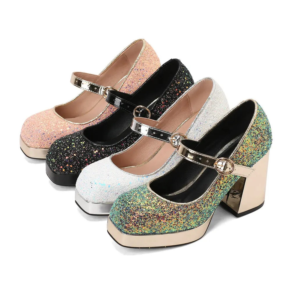 

Женские модельные туфли на блестящем каблуке Мэри Джейн, туфли на платформе с ремешком на щиколотке, туфли-лодочки с зернистыми пайетками