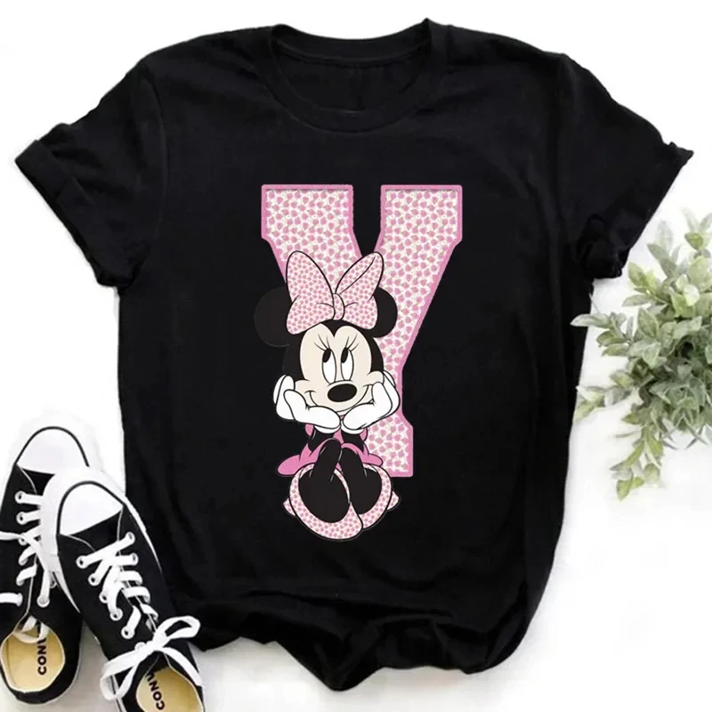 Disney Minnie Mouse Children Cotton T-shirt Funny 26 Capital Letters A-Z Print Tshirt Gothic Girl Kid Tops Summer Kawaii Tops