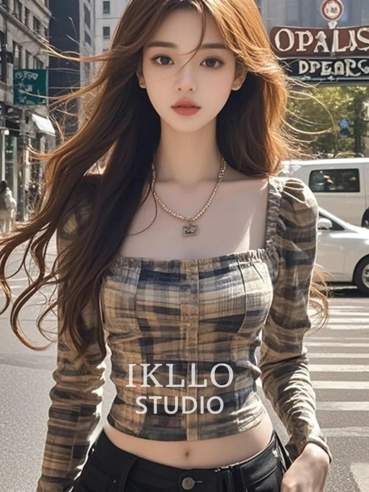 Schlankmachendes ort-Sle Retro Square-Ne Plaid irt Damen Herbst Faionable Base irt Atmungsaktives Feuchtigkeits-ng-T-Shirt