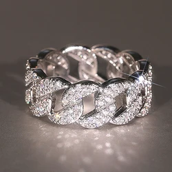 Huitan Luxury Shining Chain Finger Ring Female Fashion Wedding Band Jewelry Bright Cubic Zirconia Accessories for Daily Party