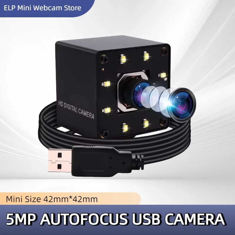 ELP 5MP Outdoor USB Camera with Autofocus Lens White LED Night Vision OV5640 Mini Webcam for Home Security, Baby Monitor