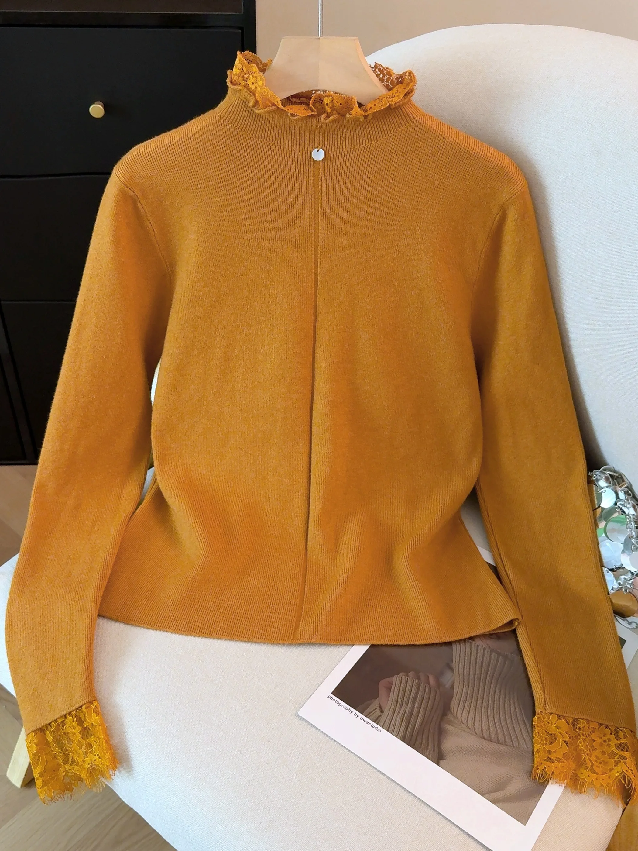 Thiened renda emenda base de malha irt feminino outono inverno roupa interna f gola alta auto-kee sle camisola quente