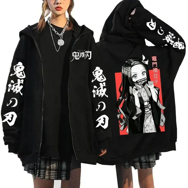ユニセックスデーモンスレイヤーアニメフード付きジャケット男性女性ジップアップスウェットシャツ日本の漫画プリントストリートカジュアル秋のファッショントップス