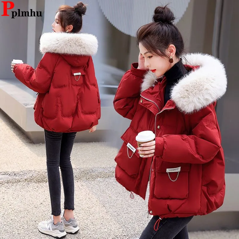 Short Fur Collar Hooded Down Cotton Coats Snow Wear Thicken Fashion Chaqueta Warm Parkas Tops Korea Fashion Loose Women Casaco