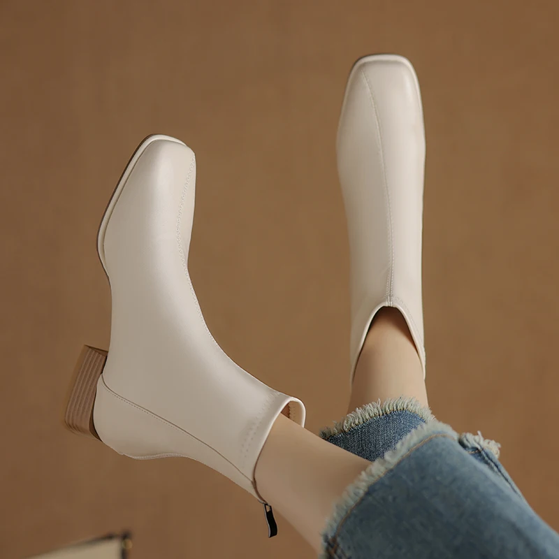 

Fashion solid color square toe comfortable thick heel rear zipper short barrel fashion boots