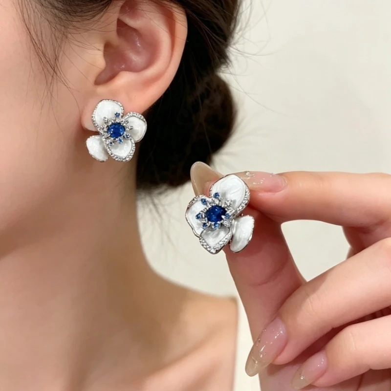 Cute Blue Stereoscopic Flower Drip Oil Stud Earring for Women Girl Elegant Crystal Zircon Square Geometric Charm Fashion Jewelry