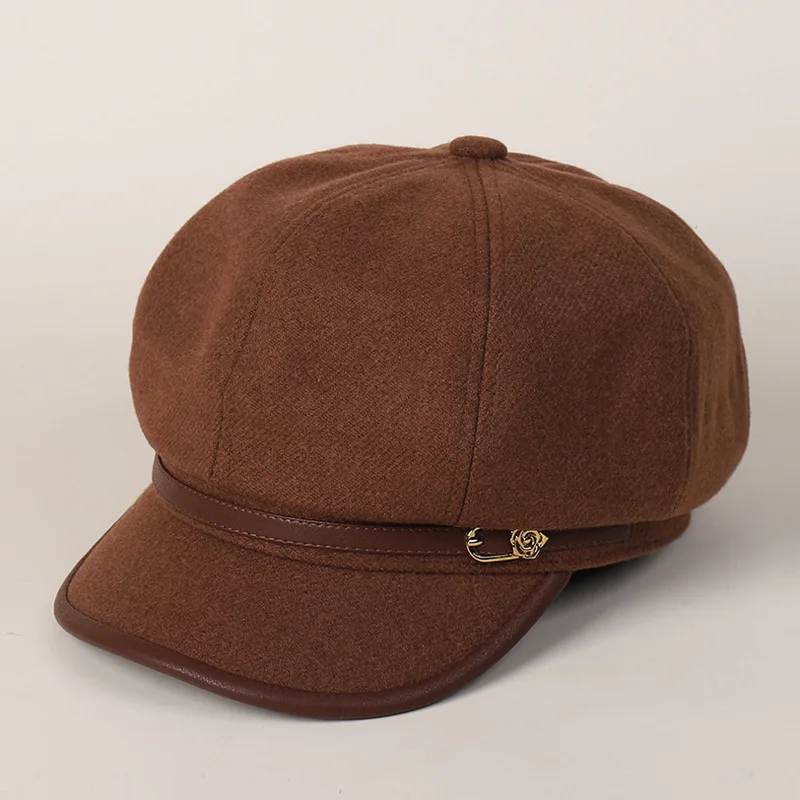 Octagonal Hat Women Newsboy Cap Leather Band Autumn Warm Accessory For Winter Windproof Outdoor Casual