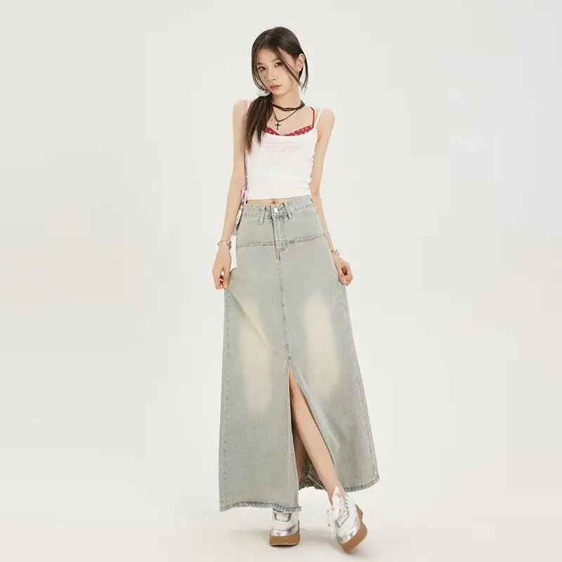 デニムスカート レディース アメリカン トレンド ダメージ加工 秋 Aライン ホットガール スリット ハイウエスト ストレート ラップ ヒップデザイン 気質 Y2K