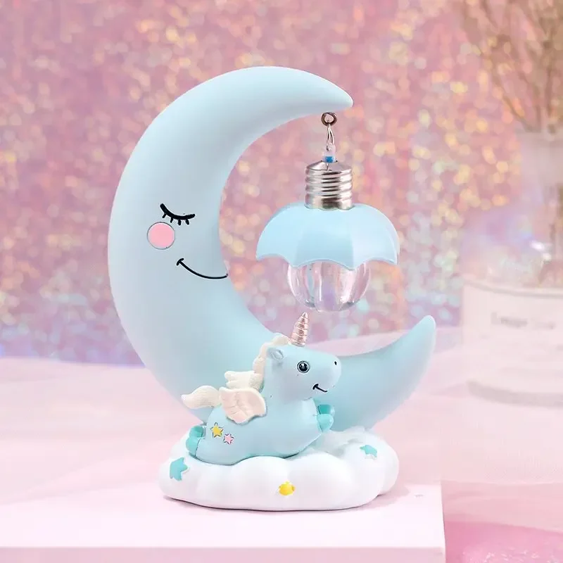 Resin Moon Unicorn LED Night Light Cartoon Baby Nursery Lamp Breathing Children Toy Christmas Gift Kids Room Craft Table Light