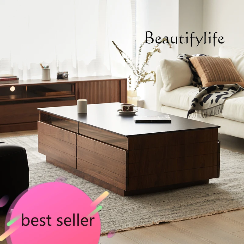 

F Nordic Solid Wood Coffee Table Living Room Black Walnut Log Simple Light Luxury Rock Plate Tea Table Household Table