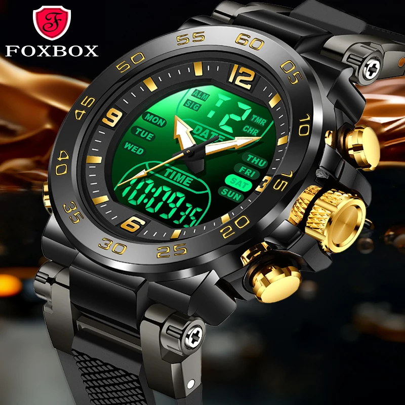 

FOXBOX Men Watches Top Brand Luxury Alarm Stopwatch LED Digital Backlight Dual Time Display Waterproof Electronic Watch For Male