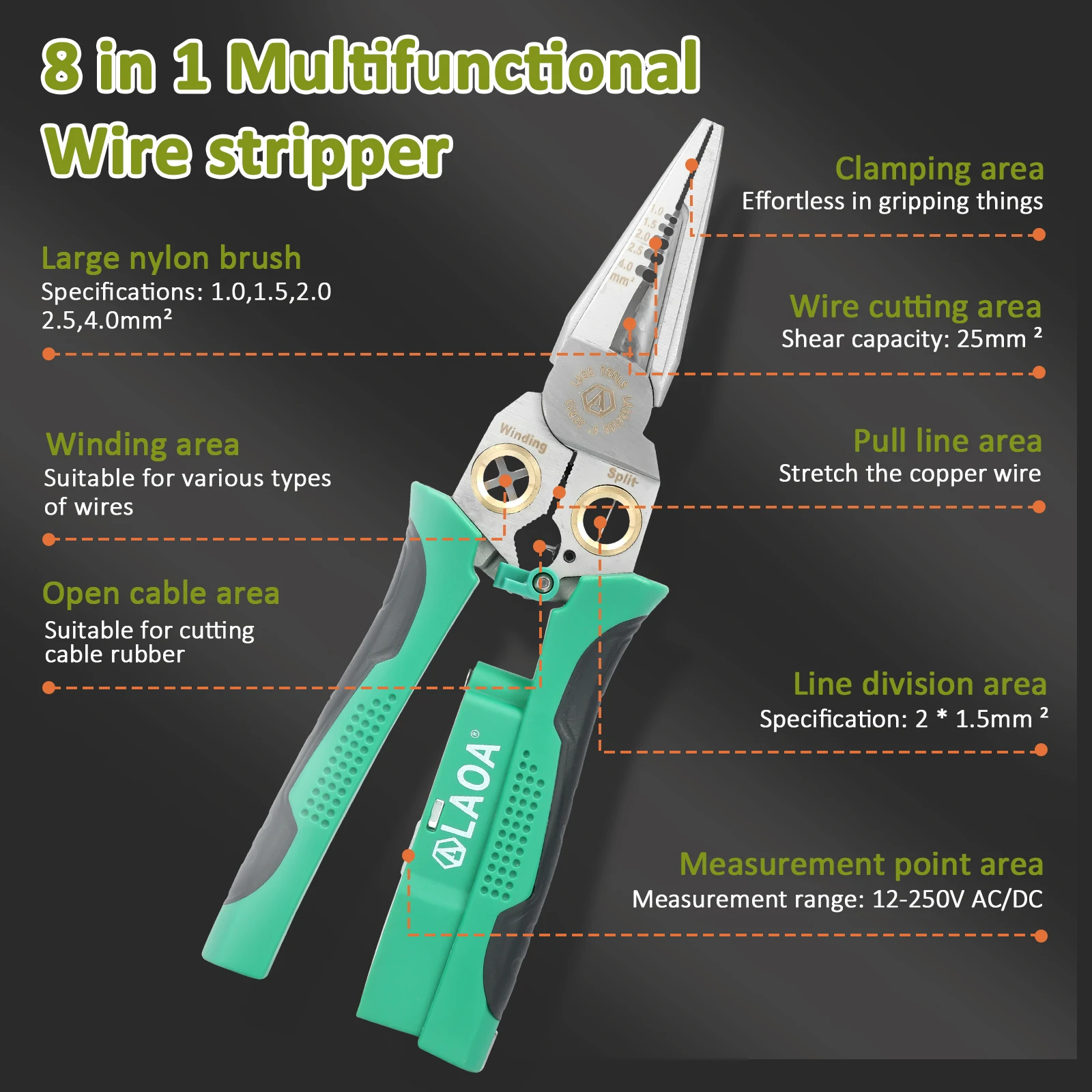 8 IN 1 Multifunctional Wire Stripping Pliers Stainless Steel Cable Stripping Cutter for Wire Winding Electrical Measurement Tool