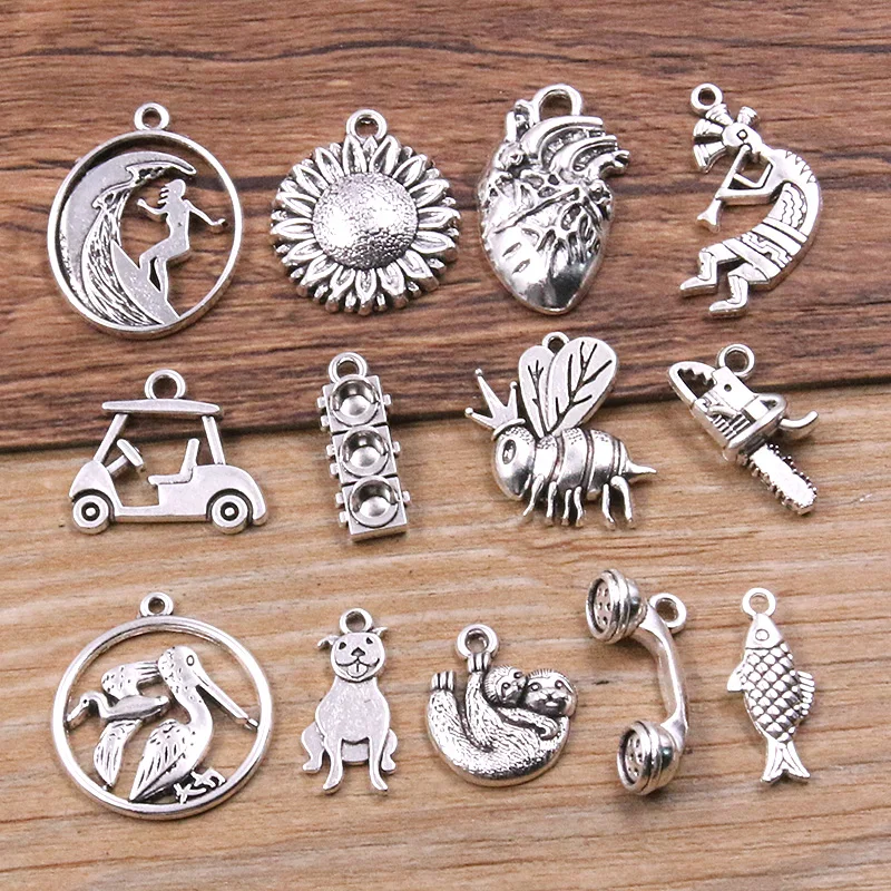 10PCS 13 Style Animals Plants Charms Fish Car Bee Pendant Jewelry Metal Alloy DIY Necklace Bracelet Earrings Handwork Marking