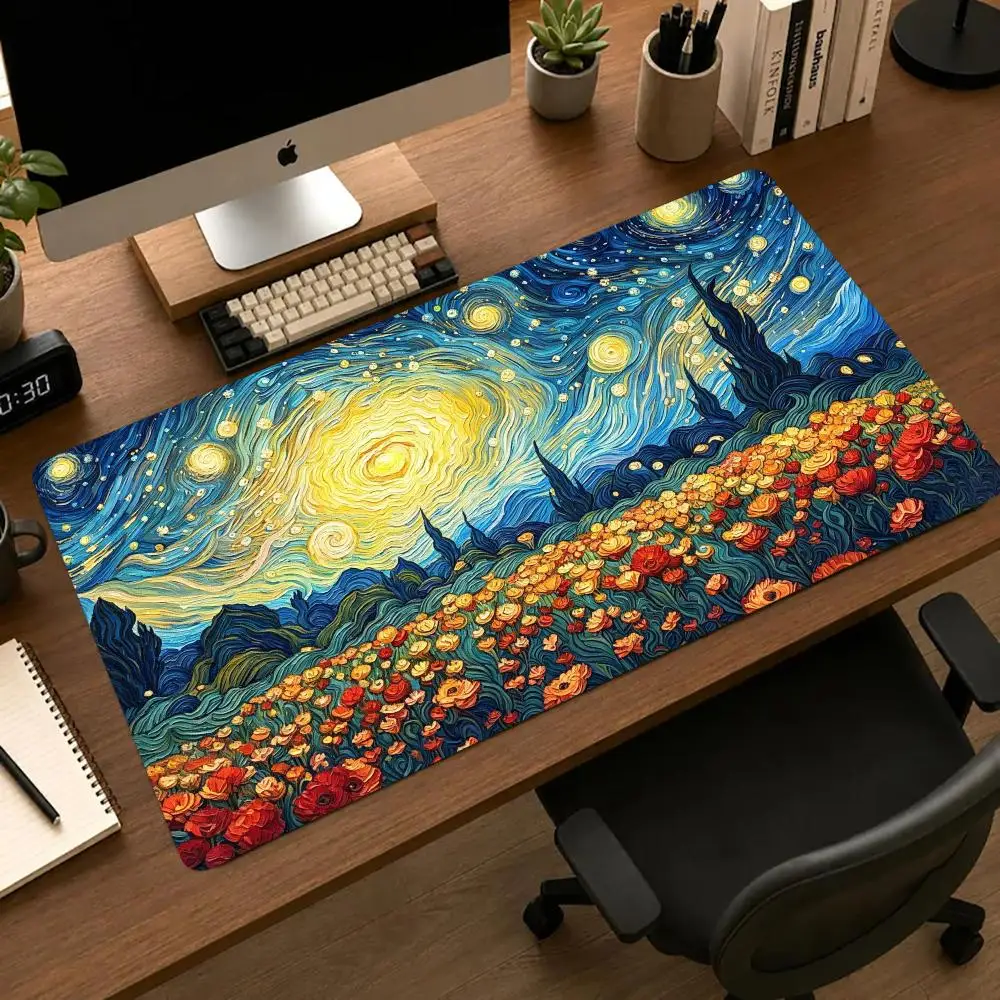Starry Night Flowers Landscape Mousepad Pc Accessories Desk Interior Gaming Mats Playmat Carpet Mouse Mat Desk Pad Office Decor