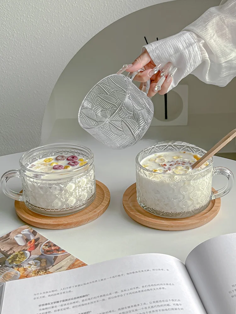 

Стеклянная чаша для завтрака Suower Relief: большая емкость, для молока и хлопьев, с ручкой и ложкой, высокая эстетическая ценность, в стиле Ins
