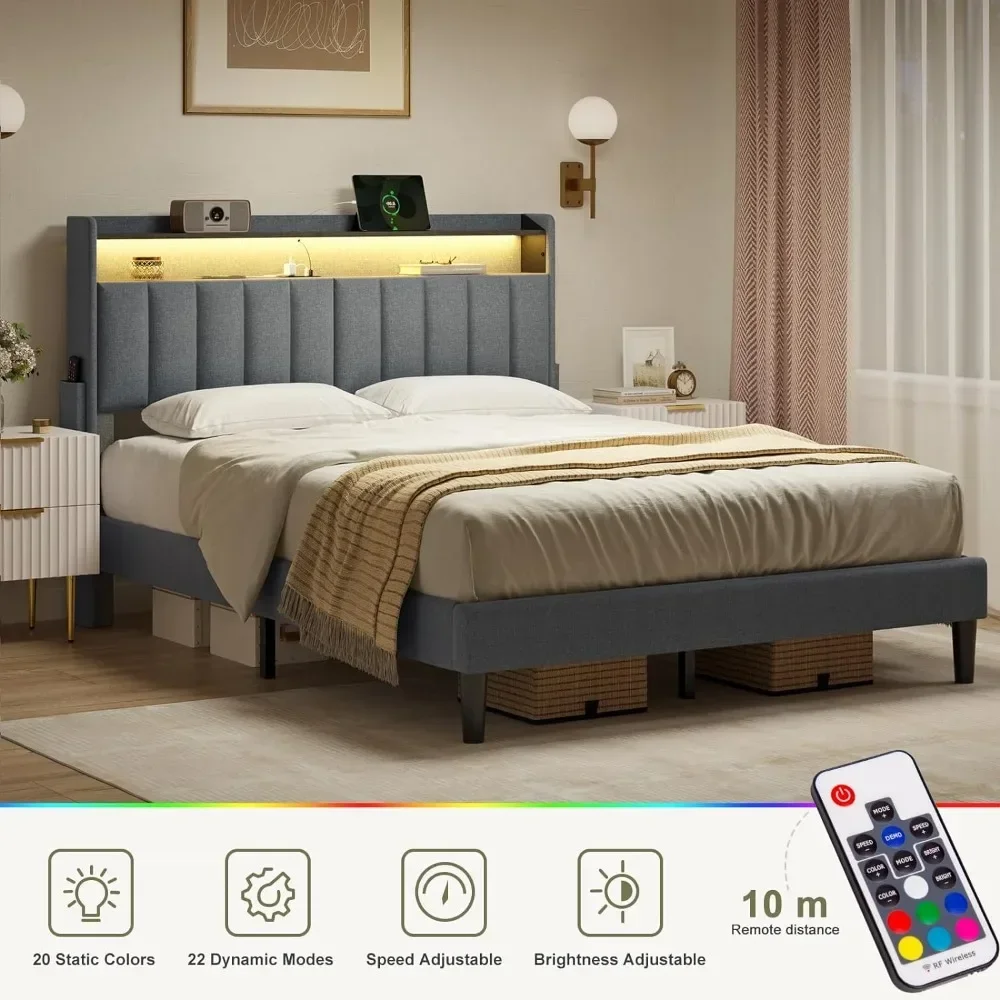 Marco de cama completo con cabecero de almacenamiento y reposapiés, plataforma tapizada, cama con luces LED, puertos USB y sin resorte de caja necesario