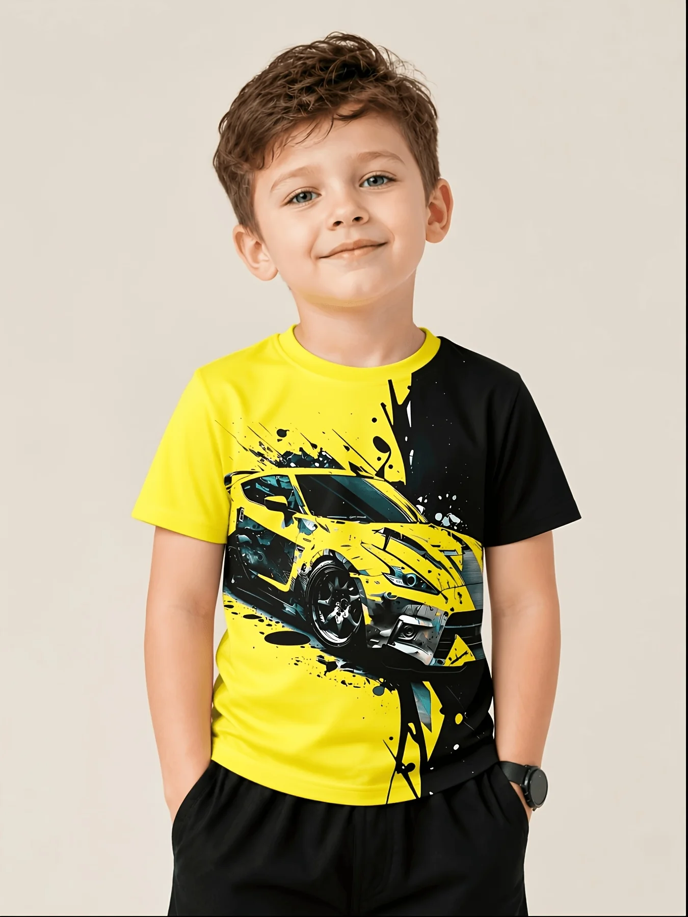 Boys 4‑14Y Short Sleeve T‑Shirt, Neon Green Black Racing Car Print Crew Neck Casual Machine Washable Top for All Seasons