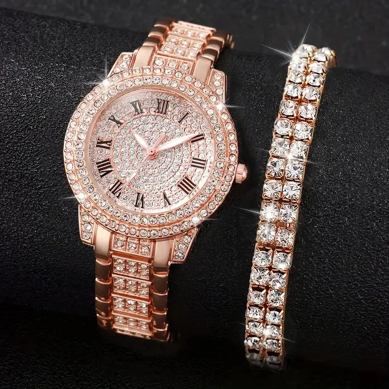 Luxury fashion alloy full diamond Roman quartz watch with double row diamond bracelet gift set