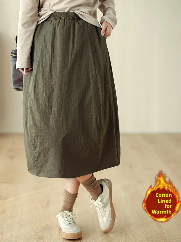 레트로 심플 코튼 안감 A라인 미디 스커트 플러스 사이즈 따뜻한 패셔너블 여성 의류 겨울 2025 신상 캐주얼 솔리드 컬러