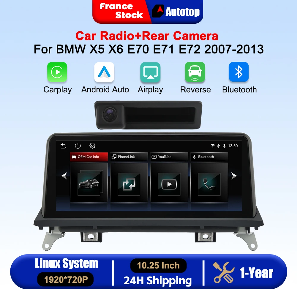 10.25 Inch Wireless CarPlay Android Auto Touch Screen For BMW X5 E70 X6 E71 E72 2007-2012 CCC/CIC System Car Intelligent Systems Smart Multimedia Car Radio With Rear Camera Bluetooth GPS Navigation Autolink Navi Mirror Link AirPlay