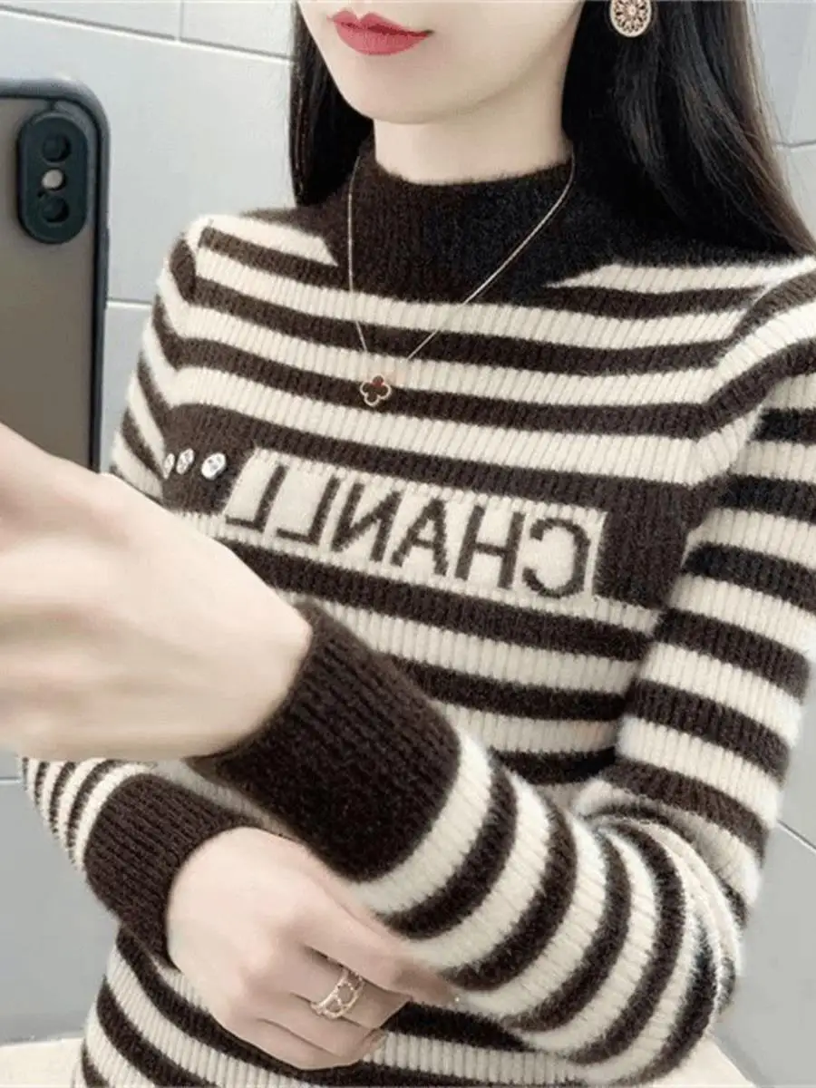 thiened-faux-fur-knitted-sweater-mid-ne-two-piece-set-inner-wear-autumn-winter-korean-sle-striped-warm-top-coat