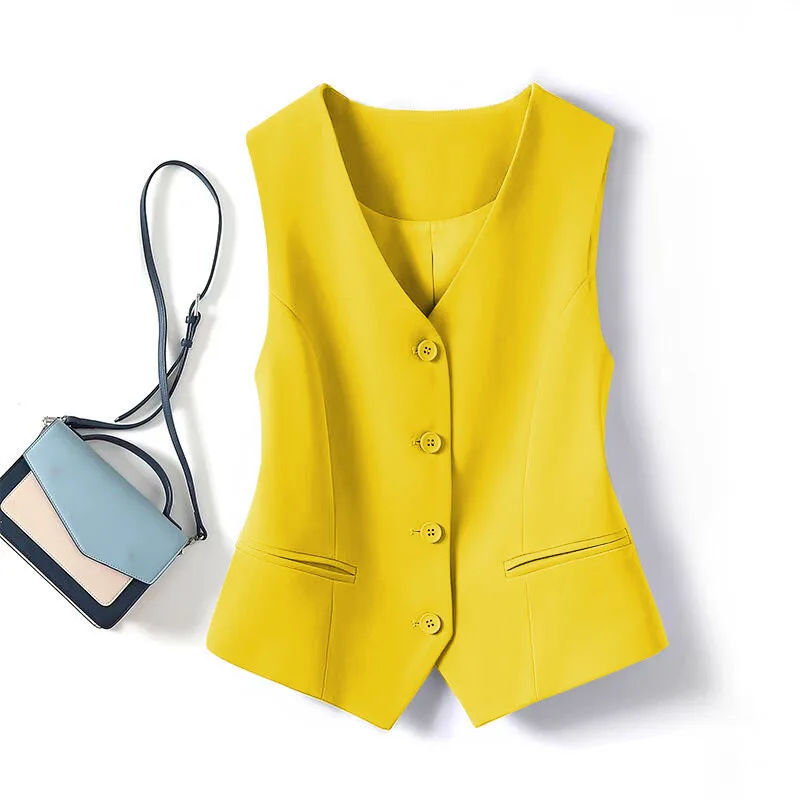 Women Vest Coat New Spring Autumn Slim-fitting Solid Color Pocket V Neck Short Waistcoat Vest Women's Clothing