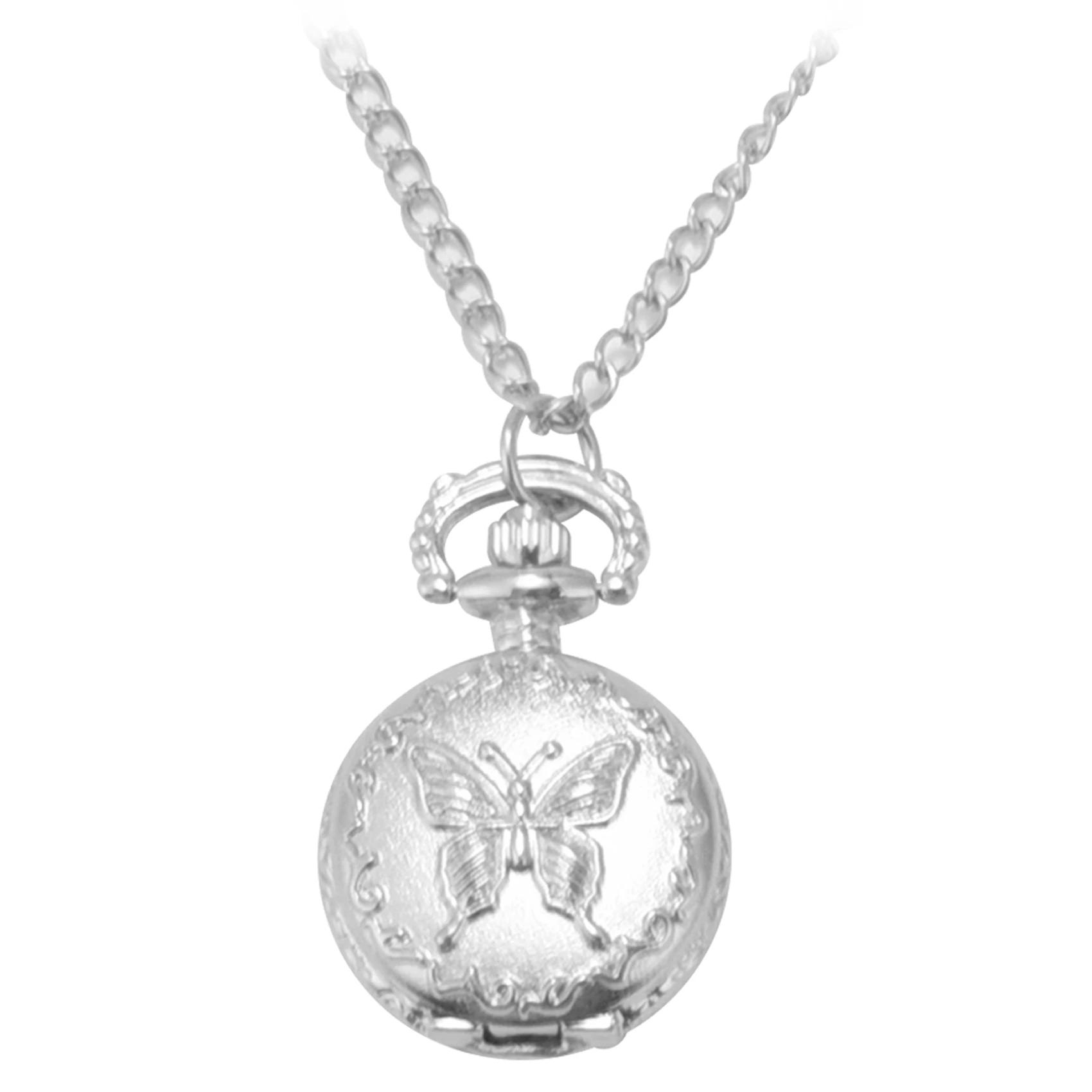 T27C Silver Quartz Butterfly Arabic numerals Pocket Watch with Vintage Necklace