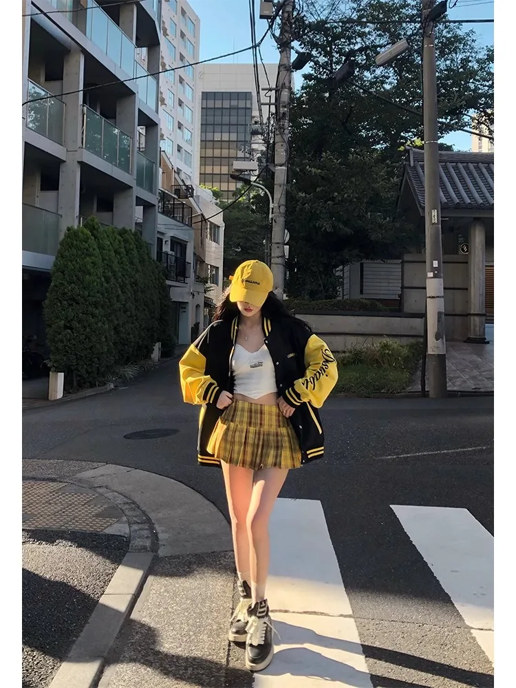 

Retro Baseball Jacket Women's Outerwear Autumn Winter Return to School American Embroidery Color Block Letter Top