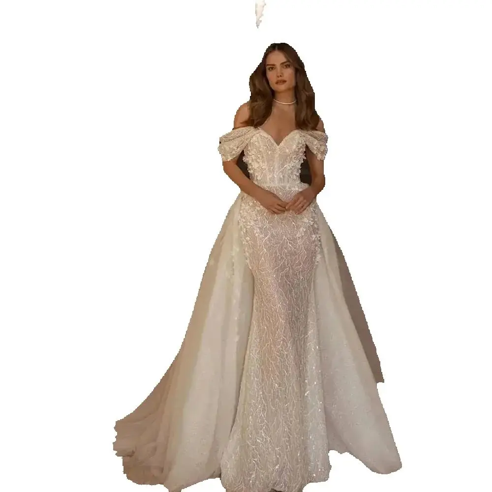 Elegante lieverd zeemeermin trouwjurk sprankelende off-shoulder afneembare trein gewaad Boheemse trouwjurk maatwerk - afbeelding 2
