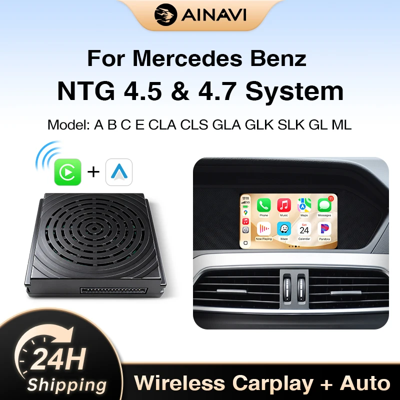 AINAVI Wireless CarPlay Android Auto Nachrüstadapter für Mercedes Benz A B C E CLA GLA GLK ML NTG 4.5 AirPlay 2013-2015 NTG 4.7 Navigation Plug-and-Play, passend für BENZ BECKER Buchsen
