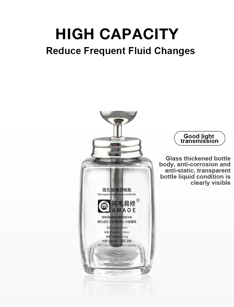 AMAOE M74 200ML Empty Glass Alcohol Bottle with Stainless Steel Tube Press Type Transparent Anti-Blocking Liquid Container