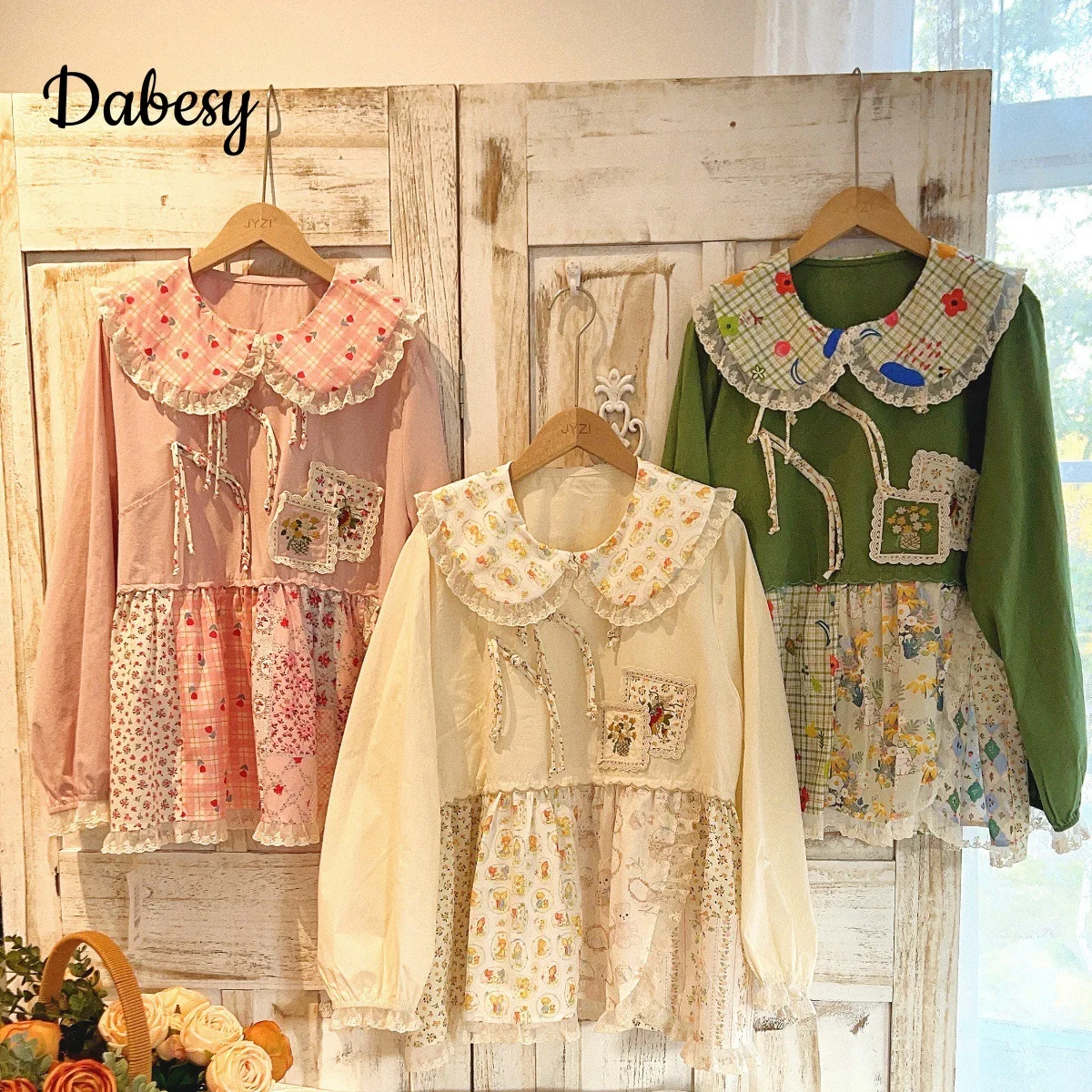 Women's Patchwork Green Cotton Linen Shirt Japanese Mori Girl Lace Ruffle Doll Collar Long Sleeve Kawaii Blouse Retro Lolita Top